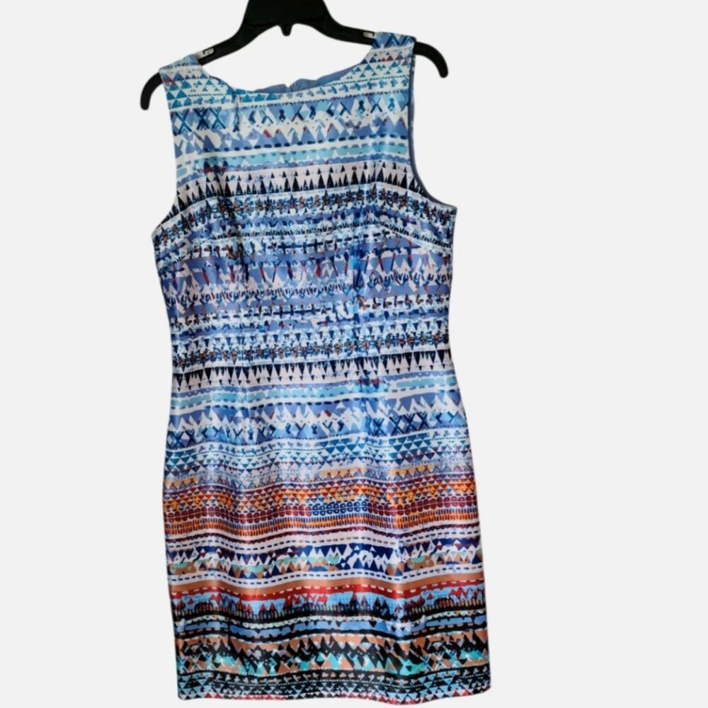 Unique Leslie Fay Dress Sleeveless Sheath Geometric Graphic Art Print Blue Sz 10
